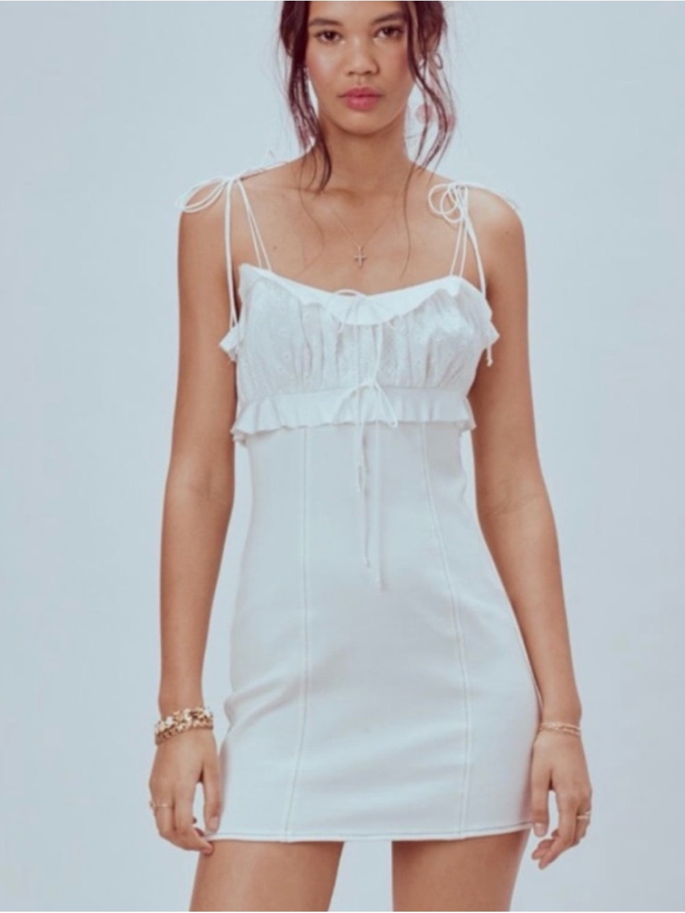 For Love & Lemons White Ruffle Daria Mini White Denim Dress